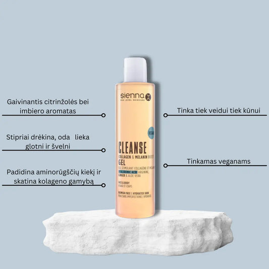 SIENNA-X CLEANSE COLLAGEN & MELANIN BOOST GEL – DRĖKINANTIS KŪNO PRAUSIKLIS 200 ML.