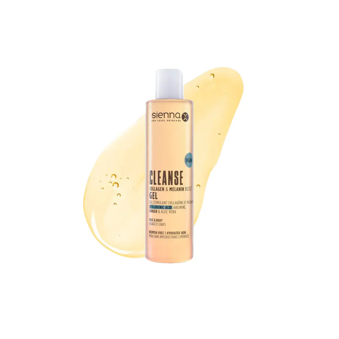 SIENNA-X CLEANSE COLLAGEN & MELANIN BOOST GEL – DRĖKINANTIS KŪNO PRAUSIKLIS 200 ML.