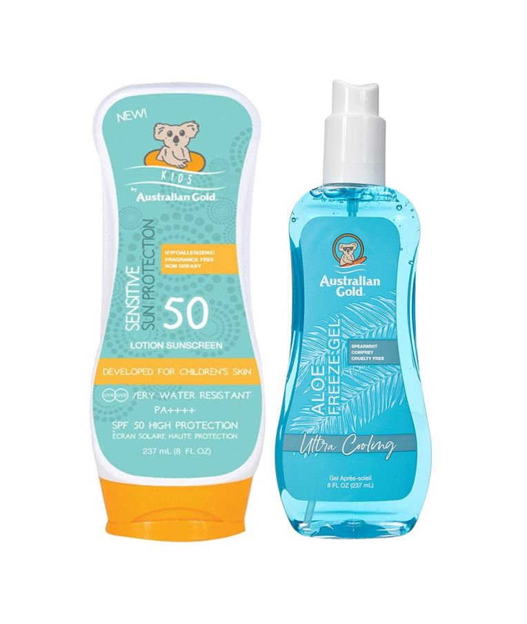Australian Gold apsaugos nuo saulės kremų rinkinys SPF50 Lotion Kids + Aloe Freeze purškiamas gelis