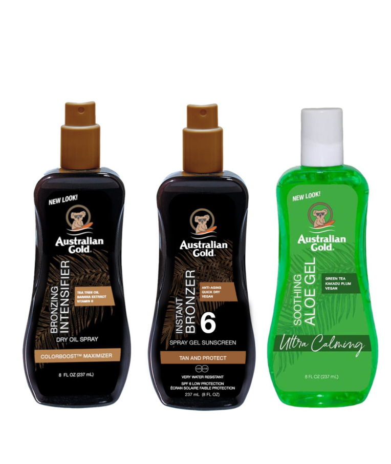 ustralian Gold apsaugos nuo saulės rinkinys SPF6 + Bronzing Intesifier + Soothing Aloe